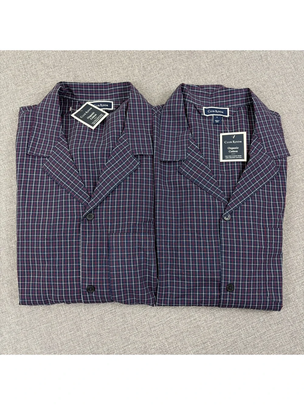 Club Room Pajama Sleep Shirts Organic Cotton L Plaid Button Front NWT (2 Shirts)